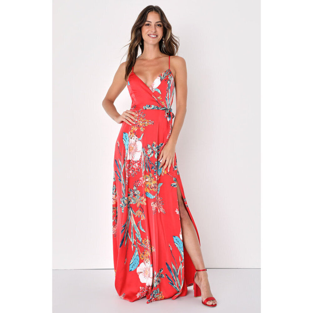 Lulu's Coral Red Tropical Floral Maxi Dress with Teal Accents